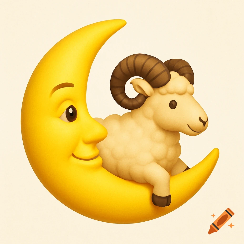 A cartoon moon with a face holds a ram.