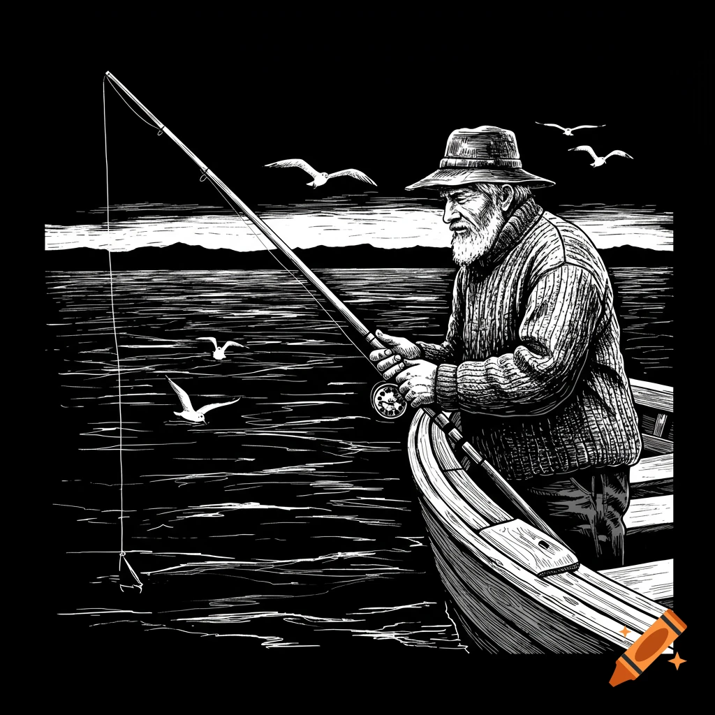 Black and white sketch of an old man fishing from a boat on dark water with seagulls flying.