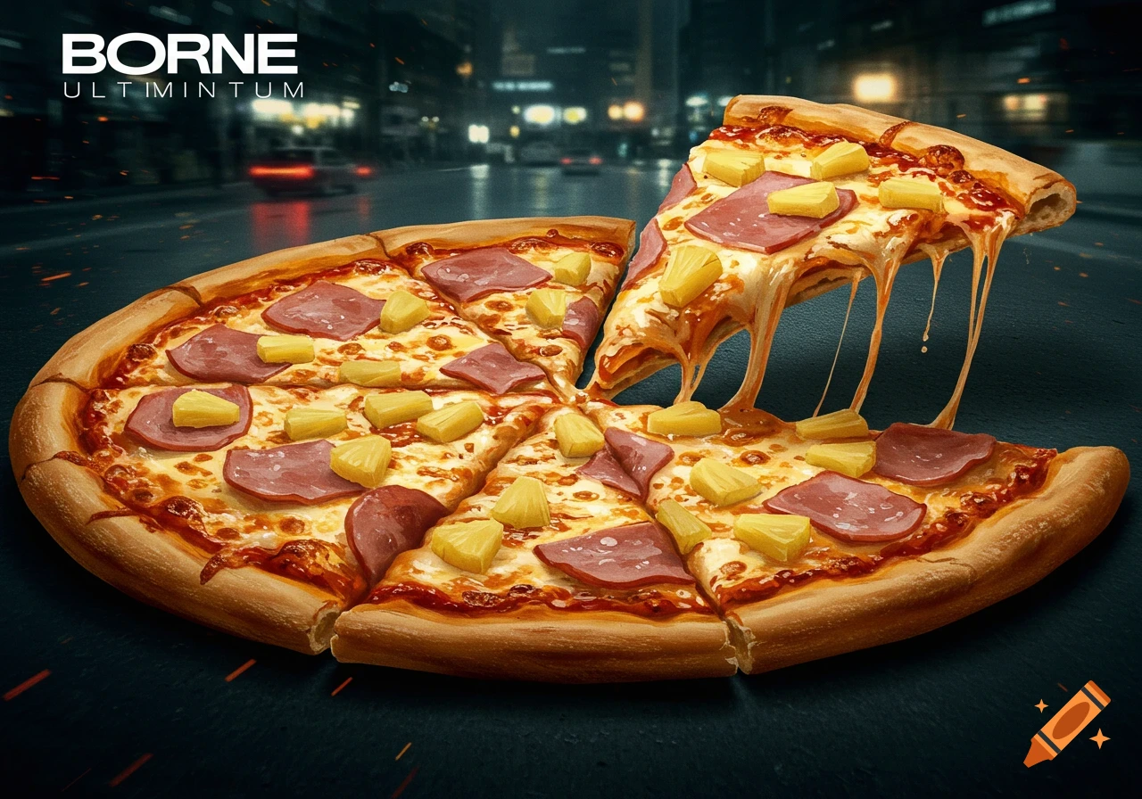A slice of ham and pineapple pizza is pulled away from the pie, stretching cheese strings against a blurred city street background.