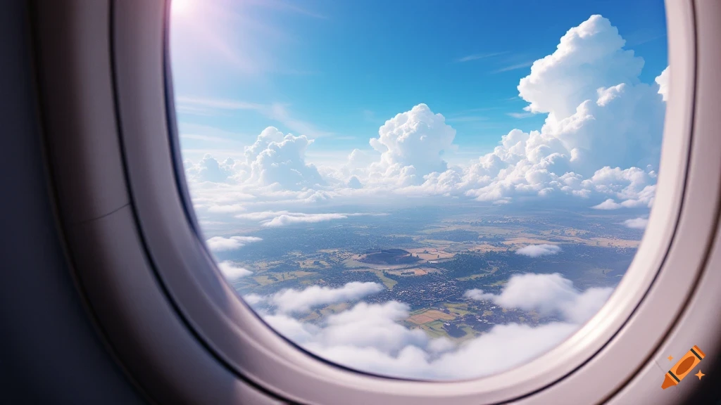 View from an airplane window showing clouds, landscape, and sun.