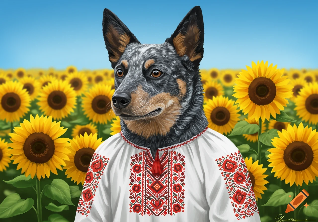 A blue heeler dog wears a traditional Ukrainian embroidered shirt while standing in a field of sunflowers.
