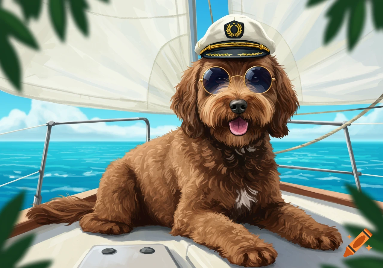 A brown labradoodle wearing a captain's hat and sunglasses sits on a sailboat at sea.