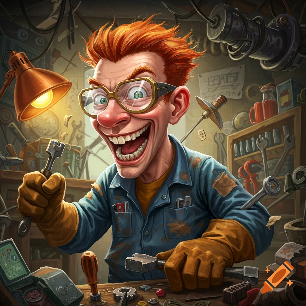 Cartoonish mechanic with wild red hair and glasses grins widely in a cluttered workshop, holding tools.