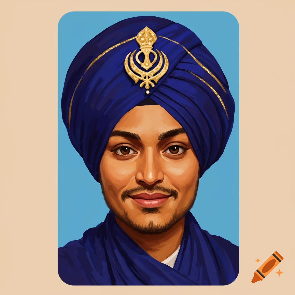 A digital painting portrait of a young man wearing a blue Sikh turban with a gold symbol.