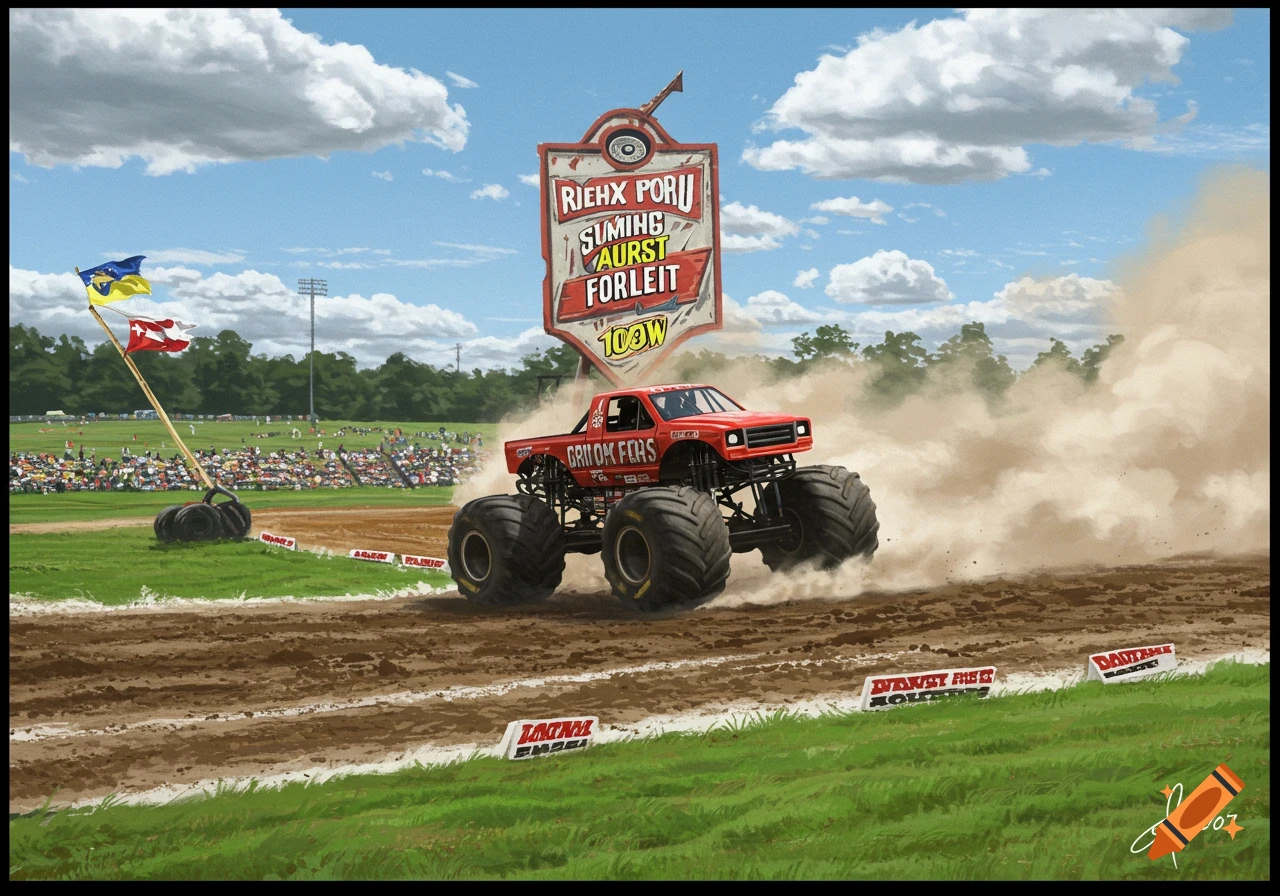 A red monster truck drifts in a dirt arena, kicking up dust during a daytime rally with spectators and signs in the background.