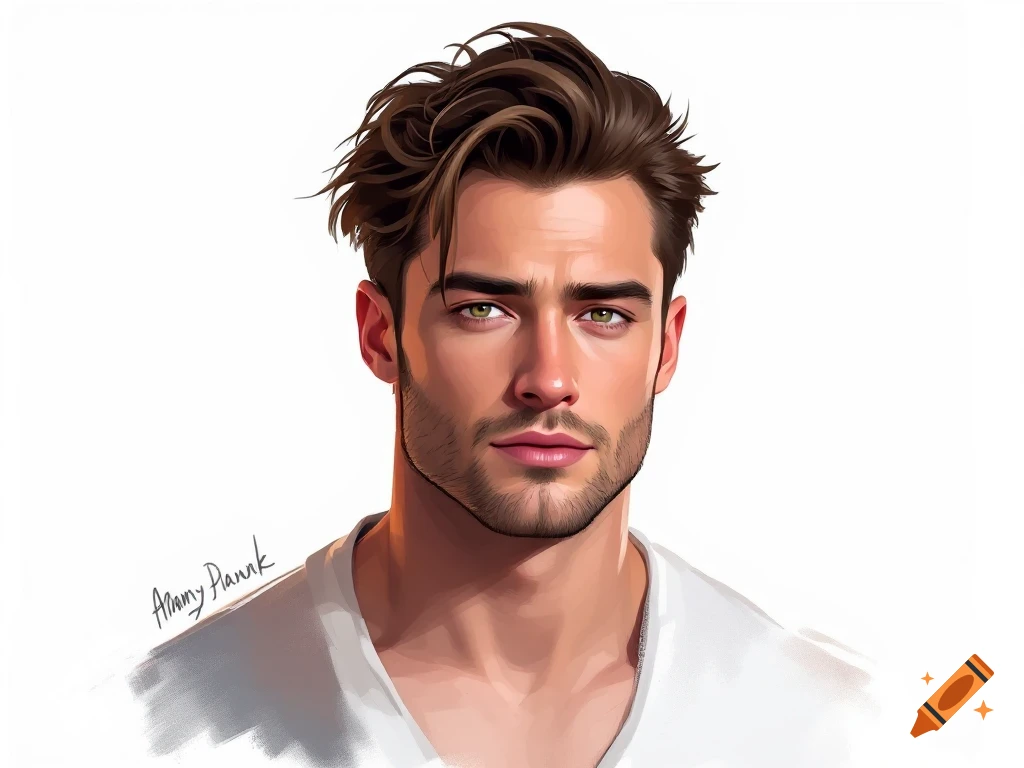 Stylized illustration of a man with dark brown hair and green eyes on ...