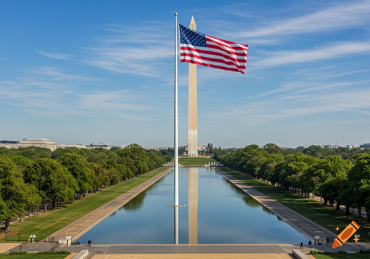 A giant American flag on a flagpole in front of the Washington Monument and Reflecting Pool on a clear day.