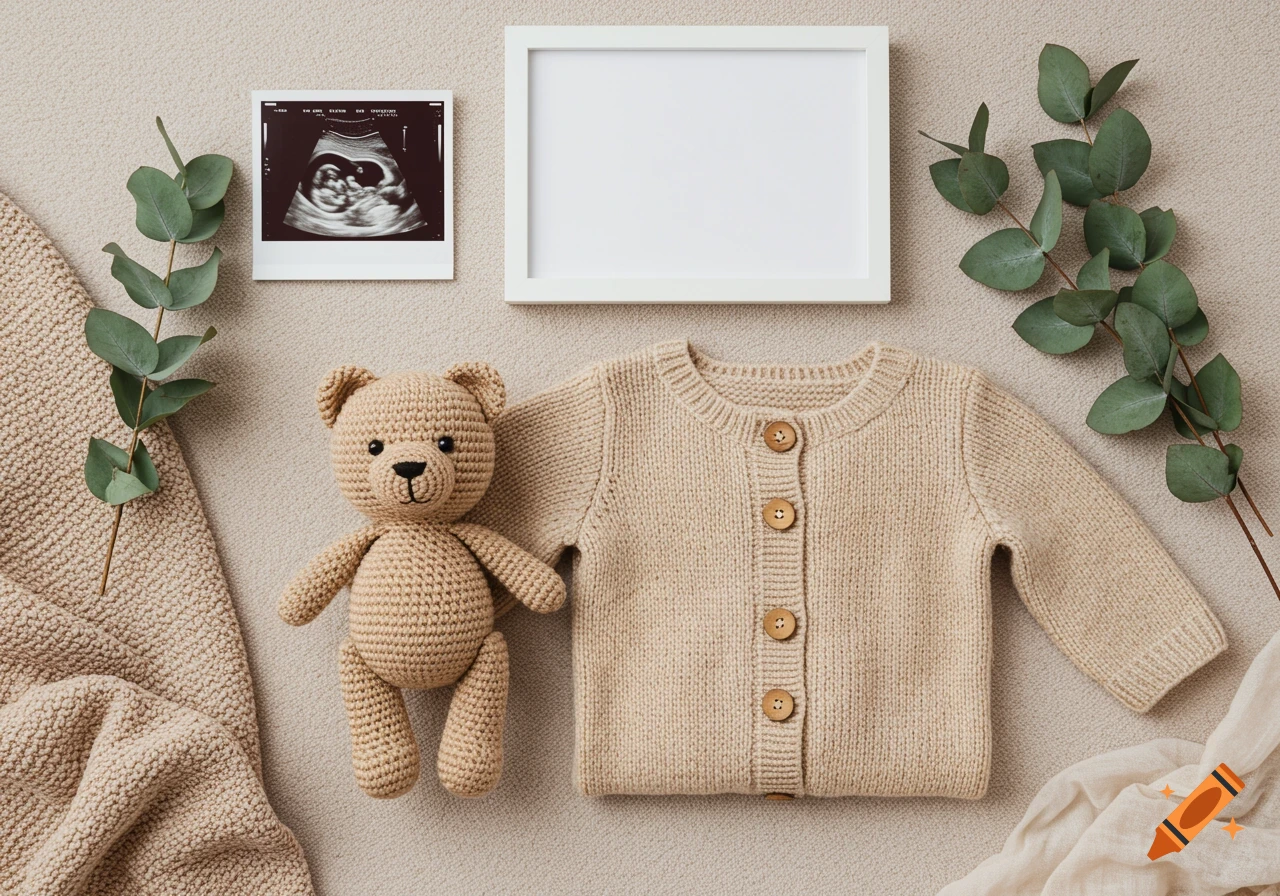 Flat lay of baby items including a sonogram, knitted teddy bear, and cardigan on a neutral background