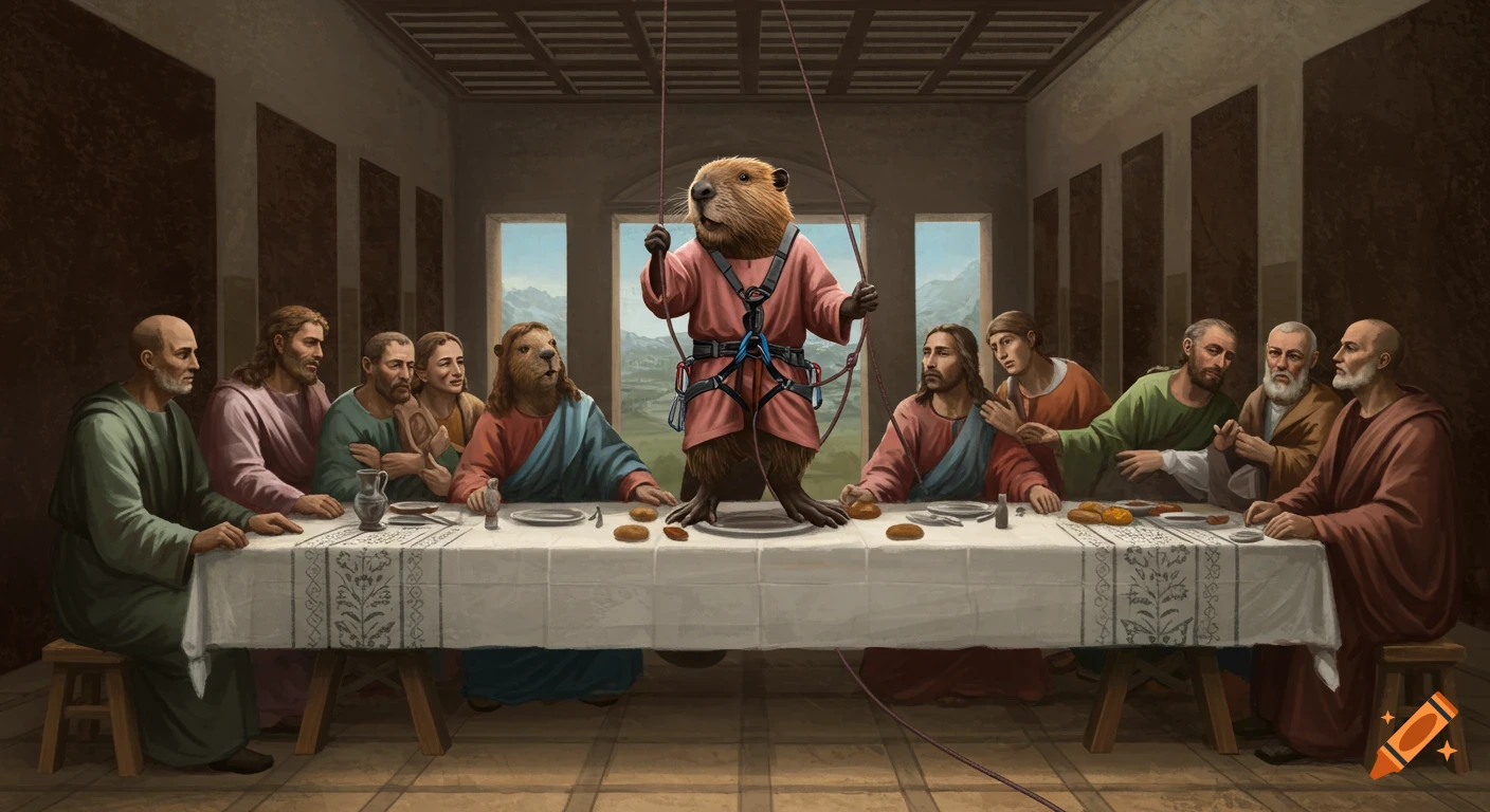 A beaver in climbing gear stands at the center of a table with people in a painting parodying The Last Supper.