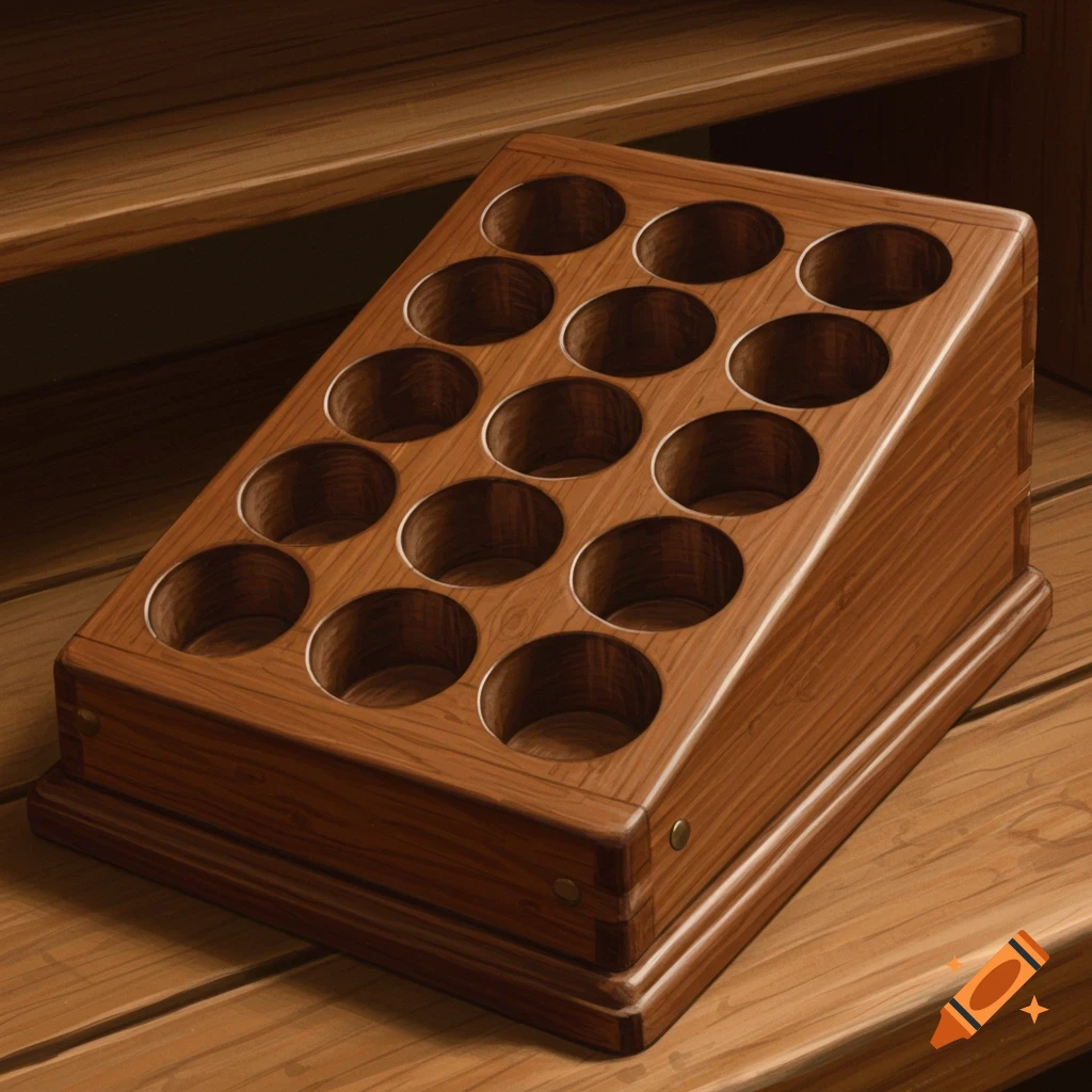 A wooden caddy with fifteen circular holes sits on a wooden surface.