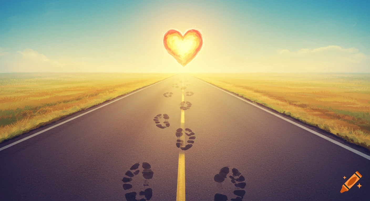 Footprint tracks lead down a road towards a glowing heart floating in the sky over a field.