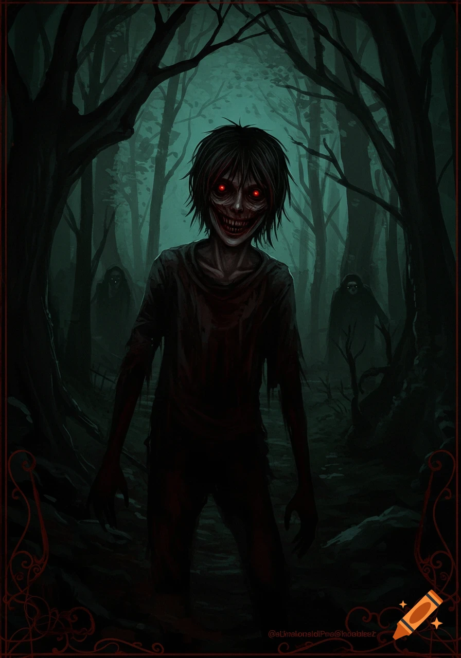 Creepy figure with red eyes and a wide smile in a dark forest.