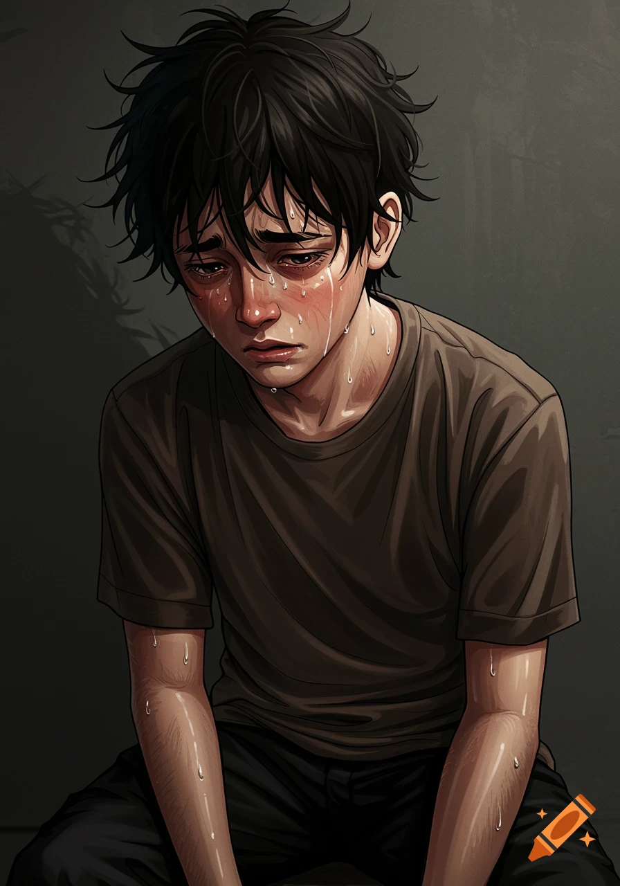 Anime illustration of a sad, sweaty teenage boy in a brown t-shirt crying.