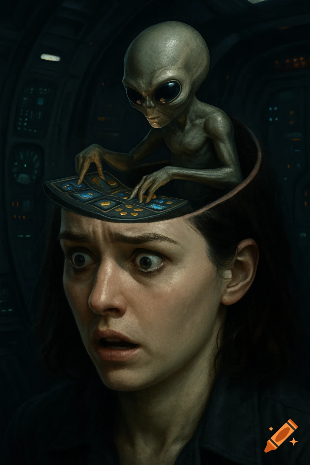 Surreal sci-fi art of an alien controlling a computer inside a woman's open head.