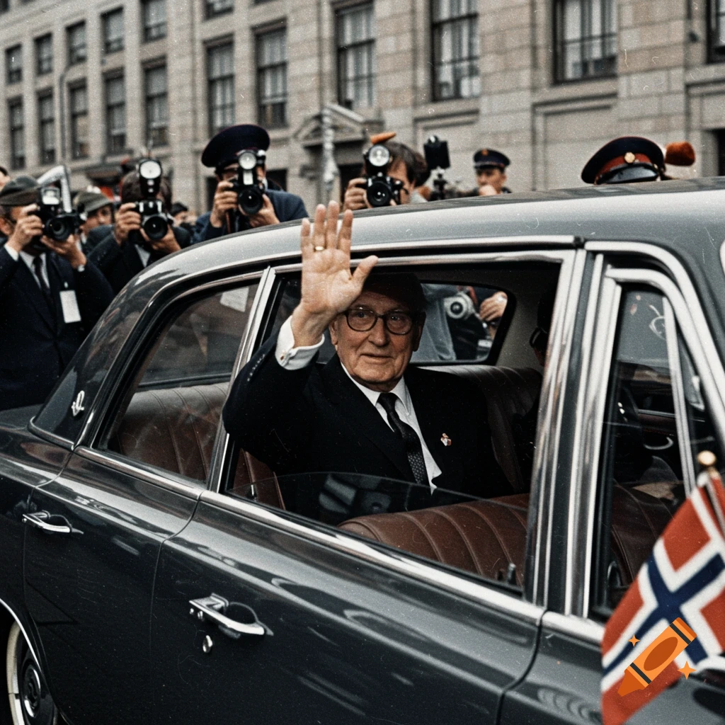 Old man waves from vintage car with Norwegian flag as photographers take pictures.