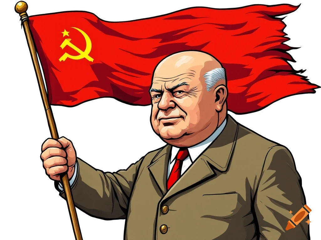 Nikita Khrushchev holds a Soviet flag in a cartoon style.