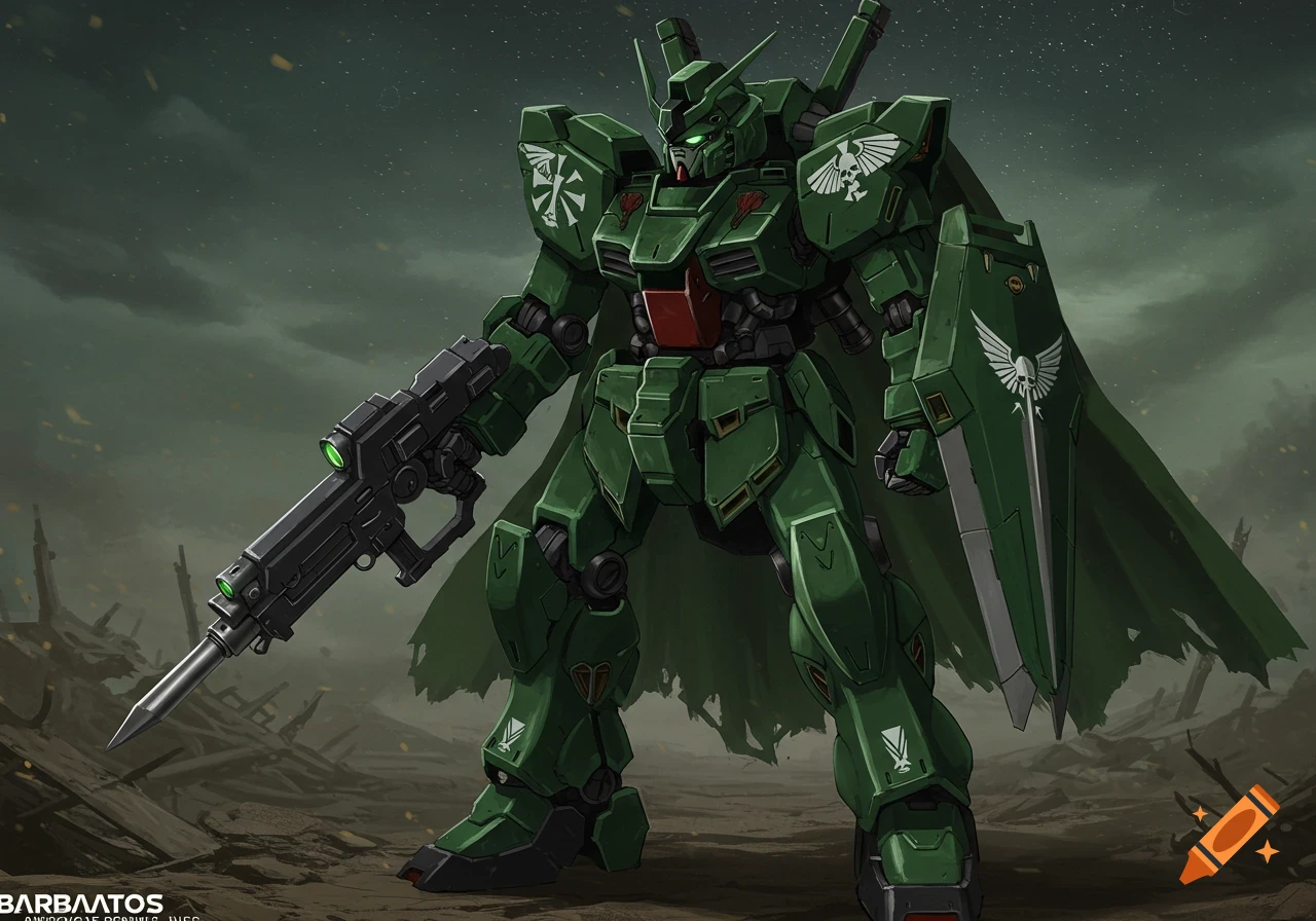 A green mech robot with a rifle and shield stands in a desolate landscape. It has symbols on its shoulders and shield.