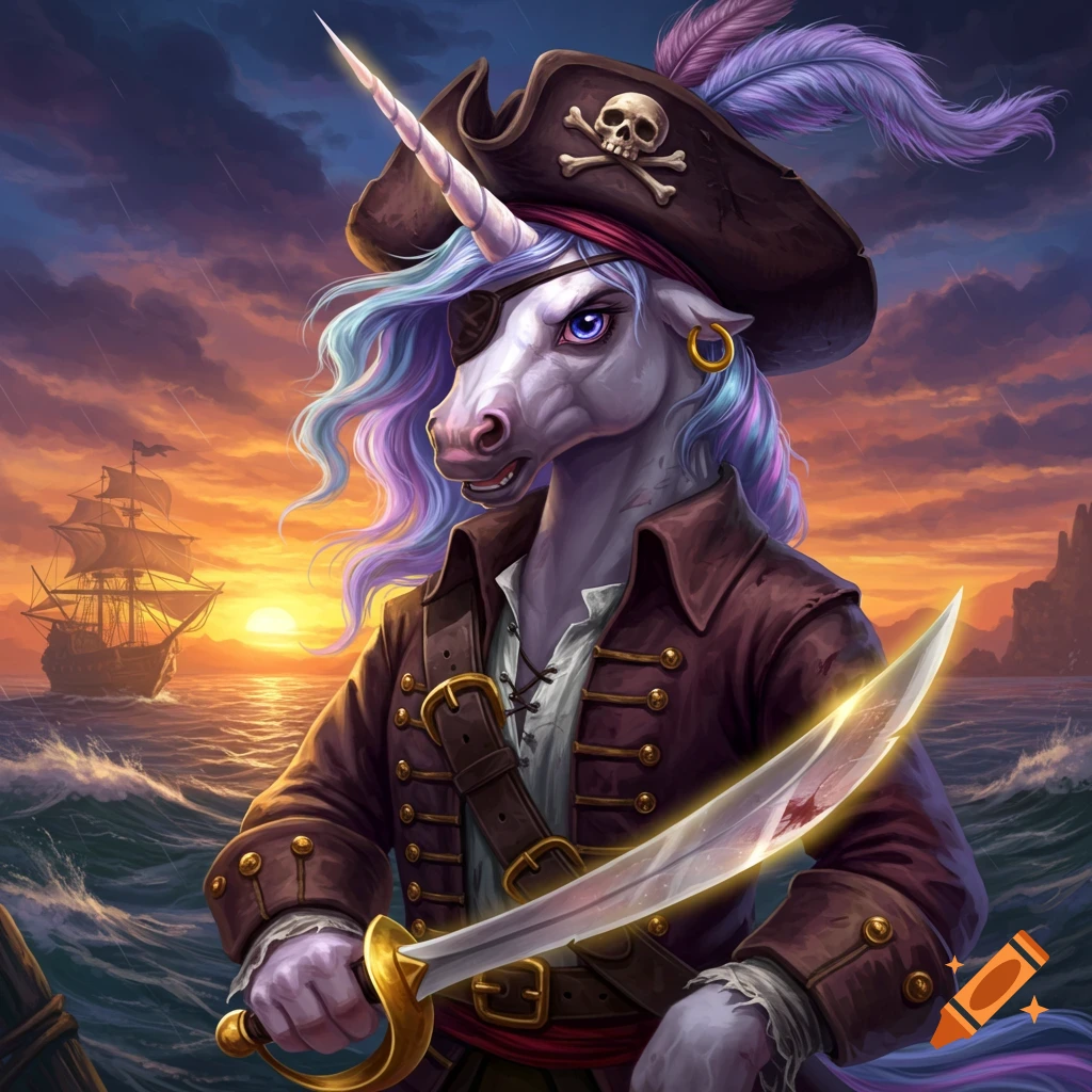 Fantasy illustration of a unicorn pirate with an eyepatch and sword on a ship at sunset.