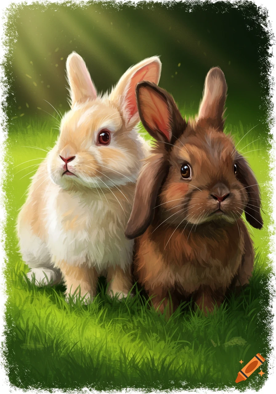 Digital painting of two rabbits sitting in grass with sunlight.