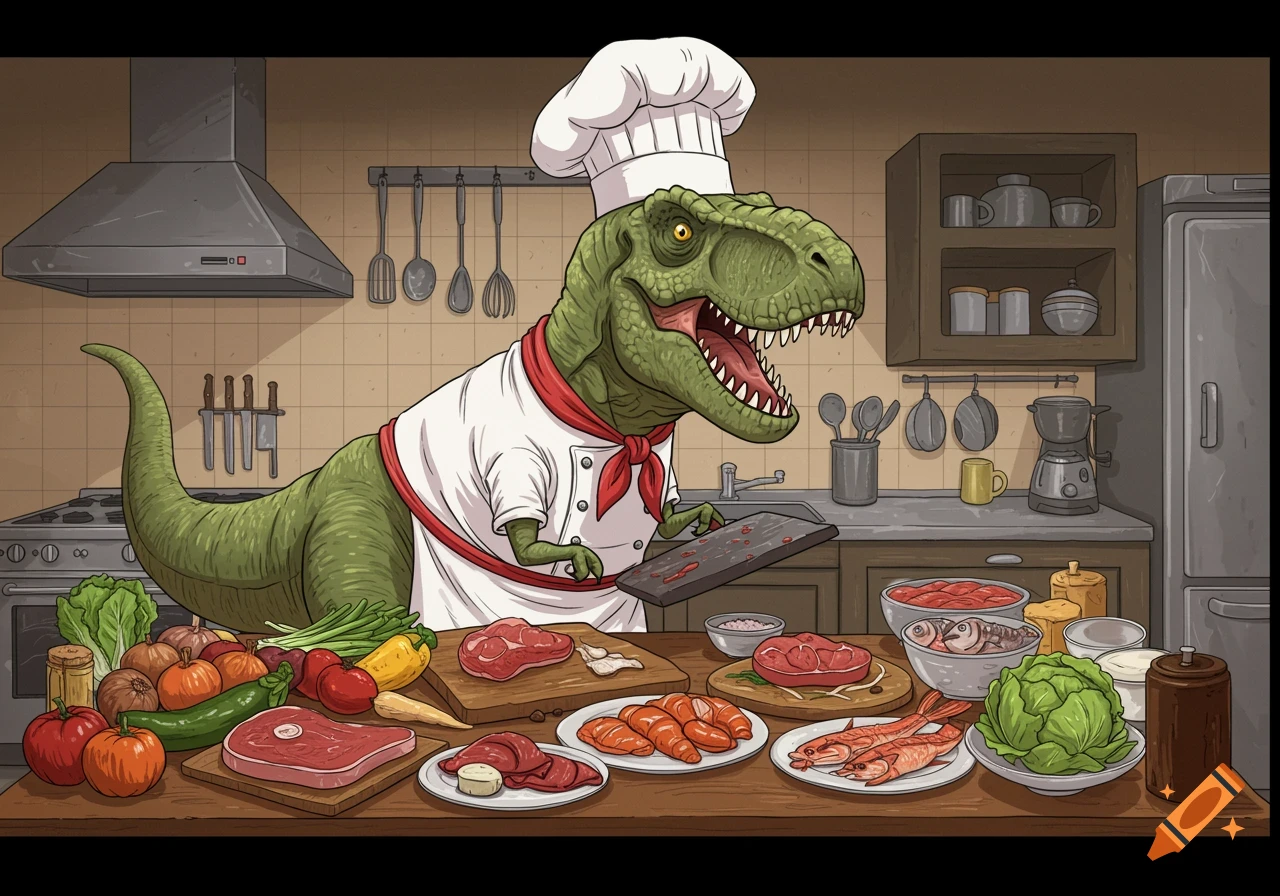 A cartoon Tyrannosaurus Rex chef wears a hat and apron while preparing meat and vegetables in a kitchen.