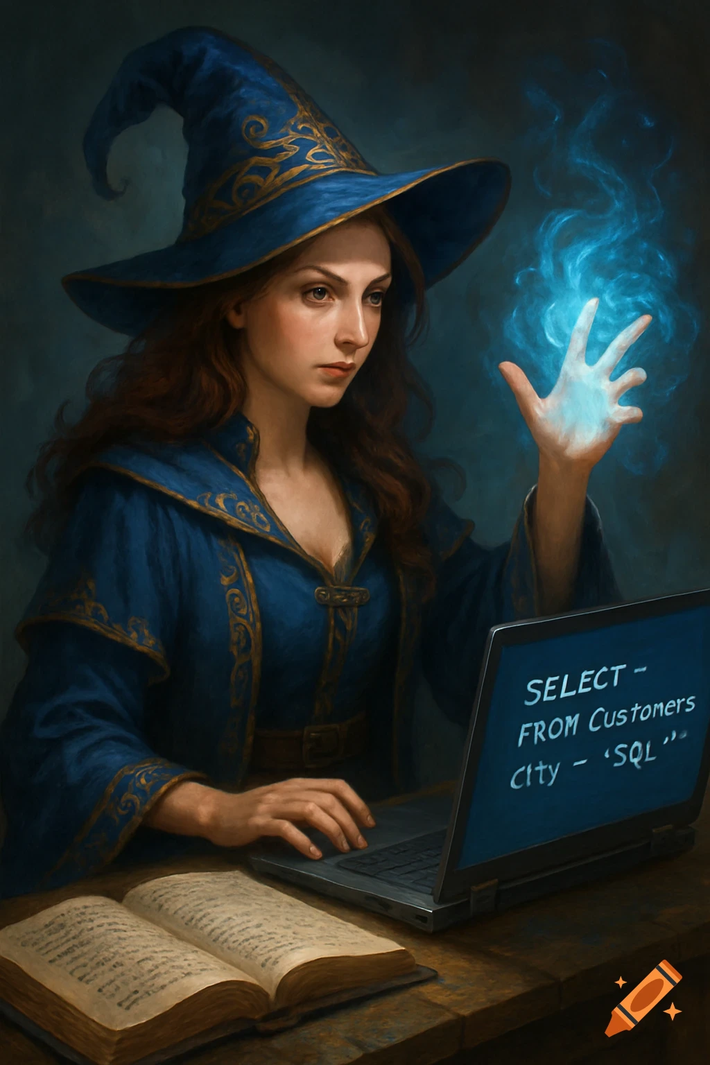 Fantasy illustration of a wizard woman using a laptop showing an SQL query while casting a spell.