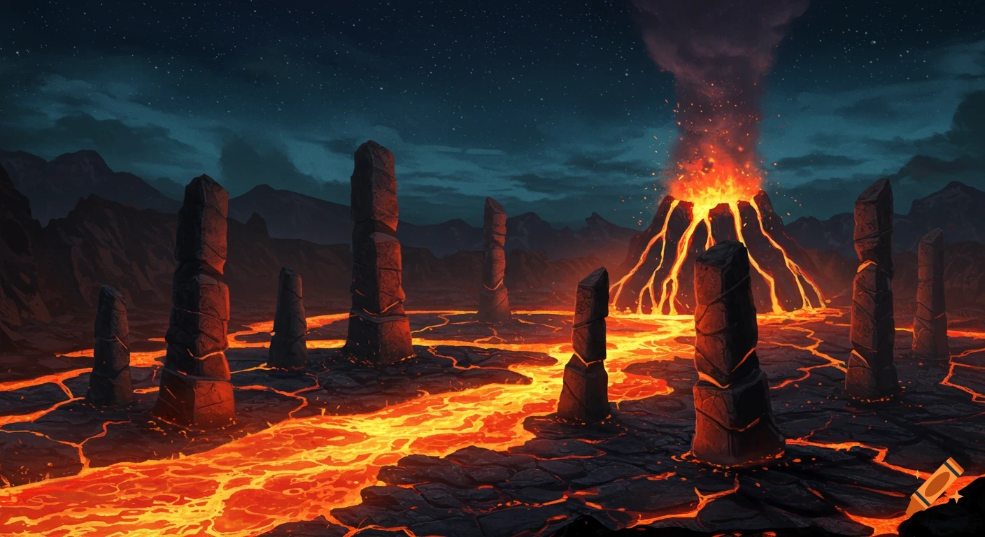 A volcanic eruption sends lava rivers flowing past tall stone pillars under a starry night sky.