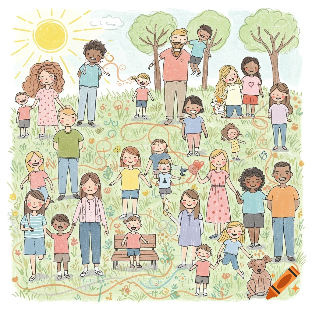 Hand-drawn illustration of diverse people and children in a sunny park.