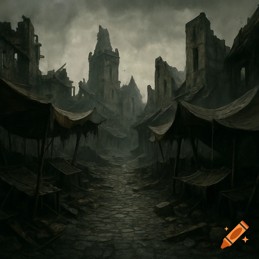 Dark, ruined medieval market street with rubble and makeshift stalls under a stormy sky.
