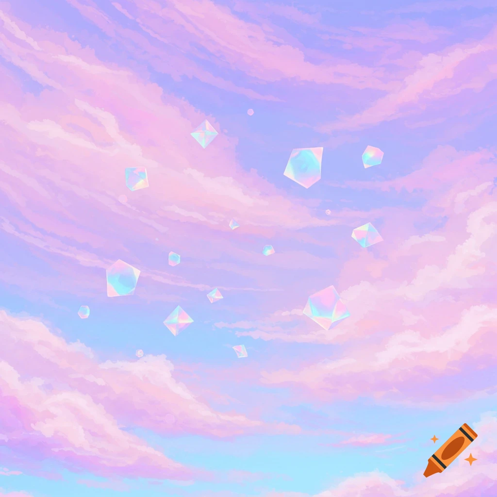 Pastel pink and purple clouds in a blue sky with floating iridescent geometric shapes.