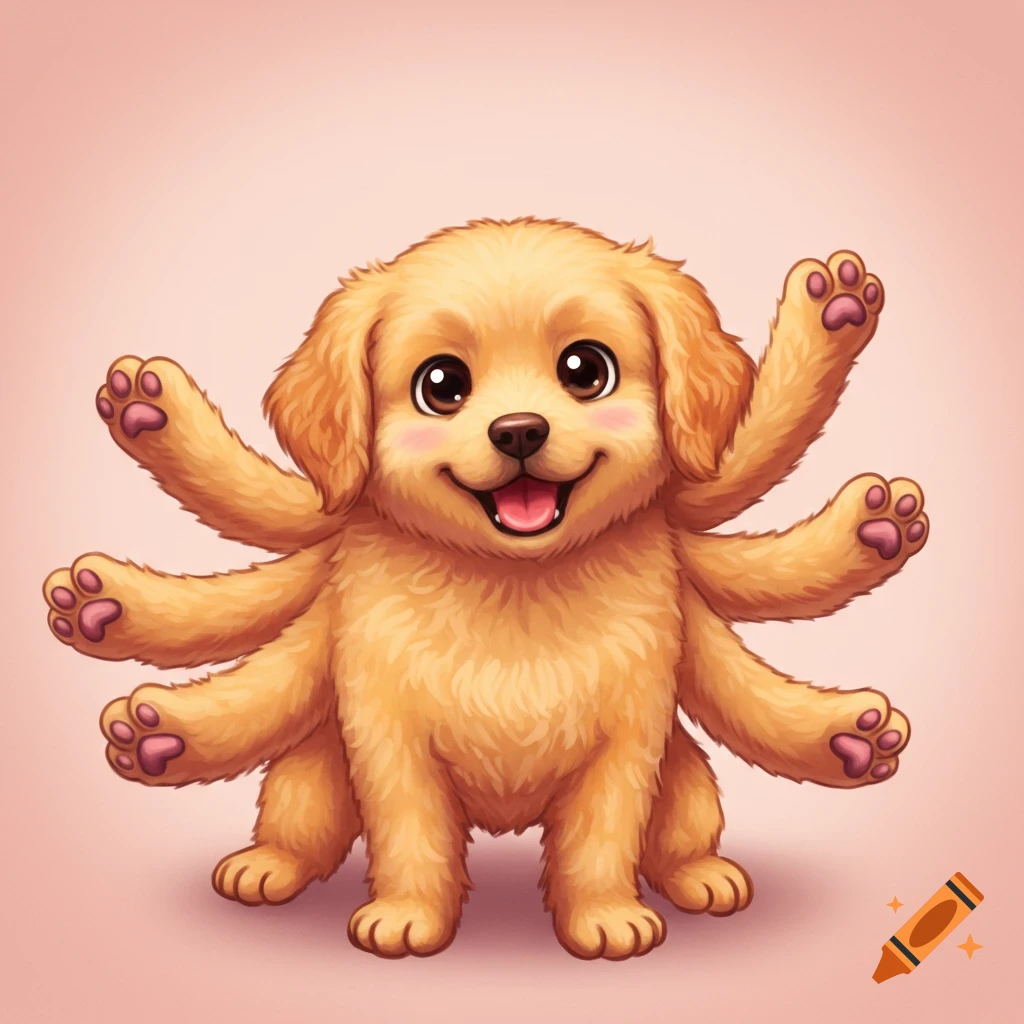Cute cartoon golden retriever puppy with eight legs.