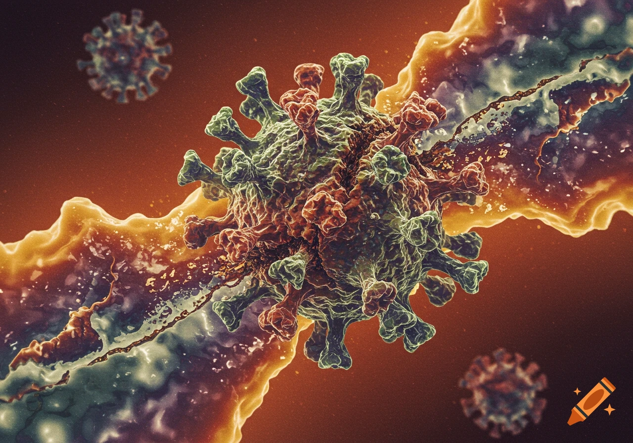 Close-up microscopic view of a virus being degraded by a substance.
