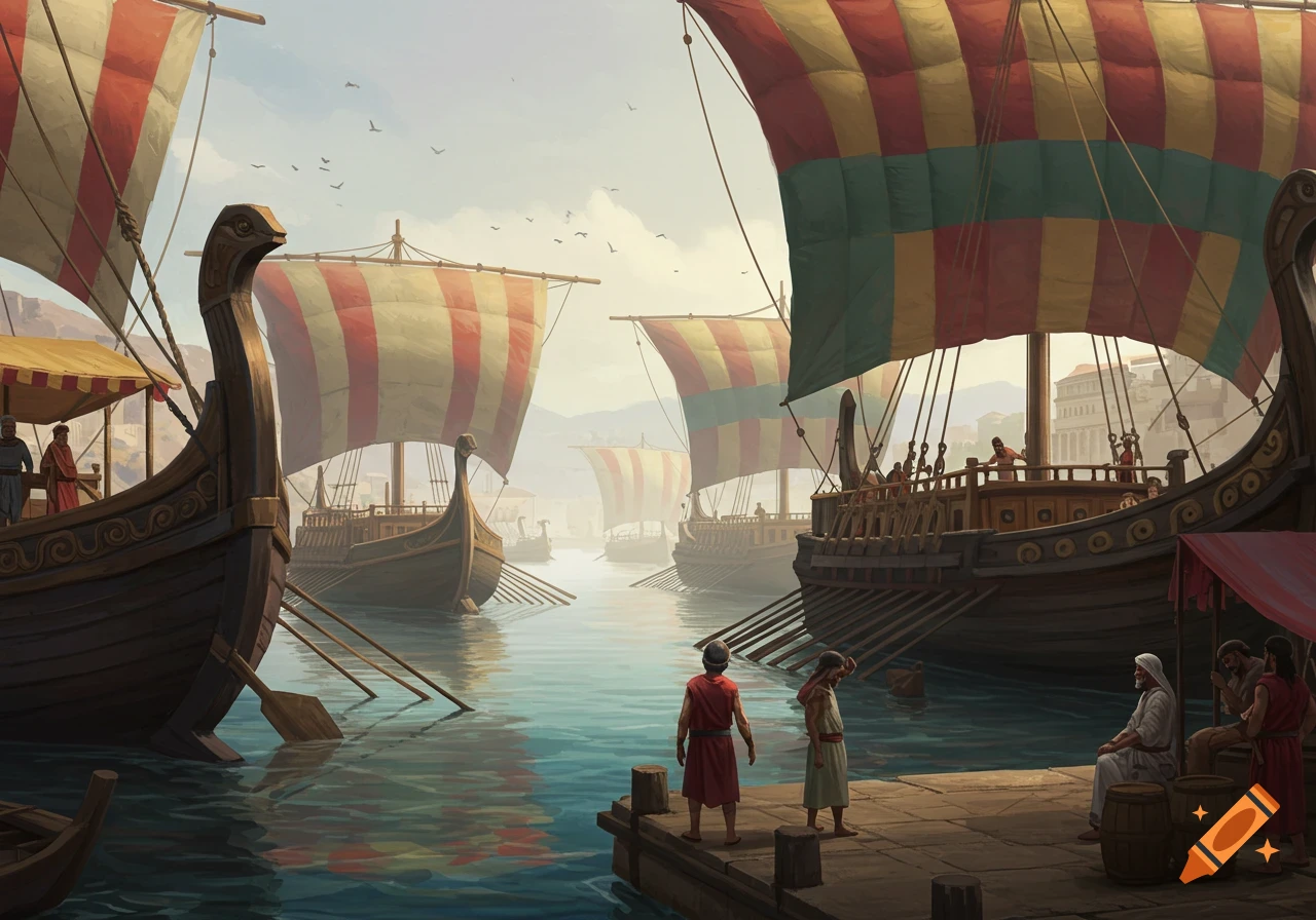 Ancient ships with striped sails in a busy port with people on the dock.
