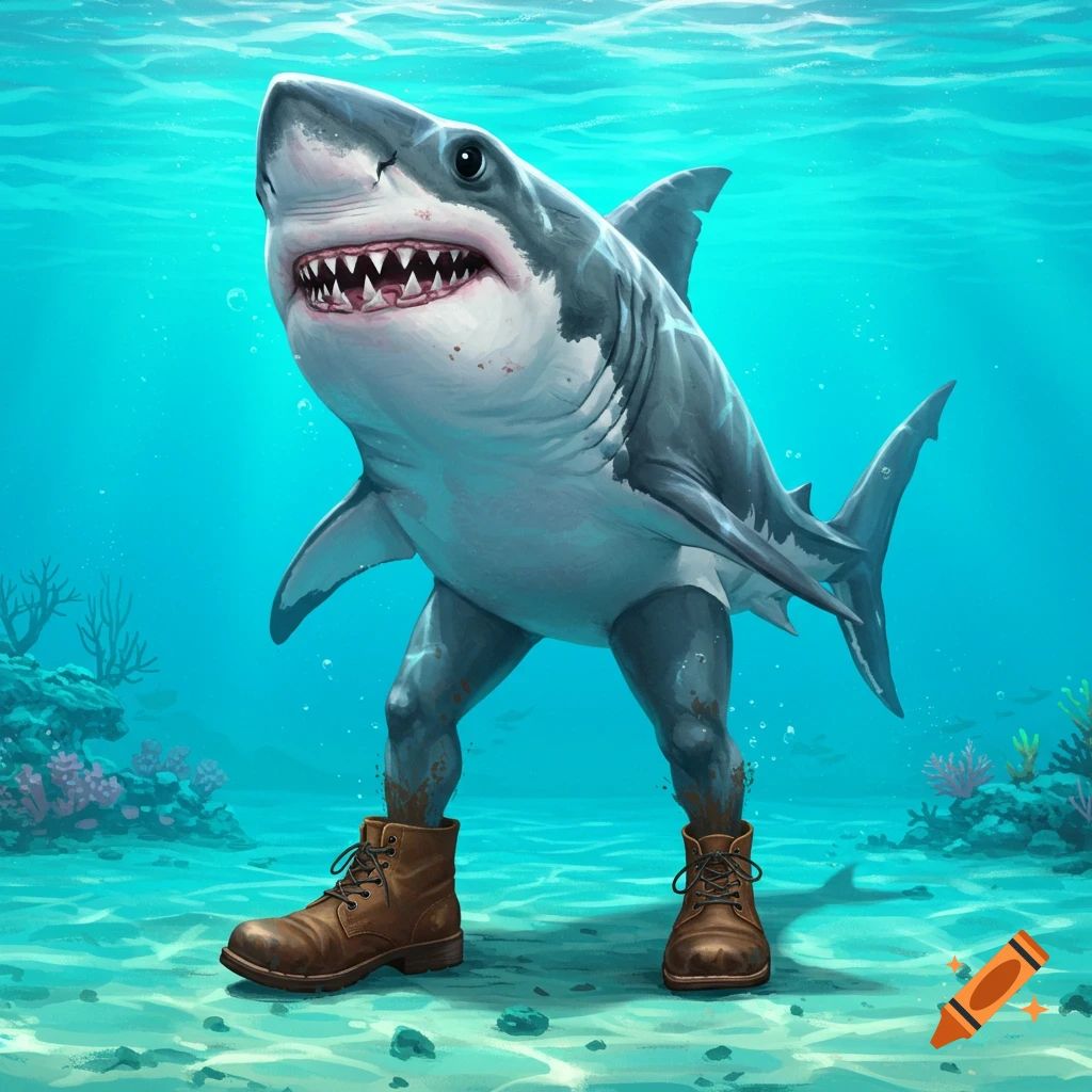 A surreal illustration of a shark standing on the ocean floor wearing brown lace-up boots.