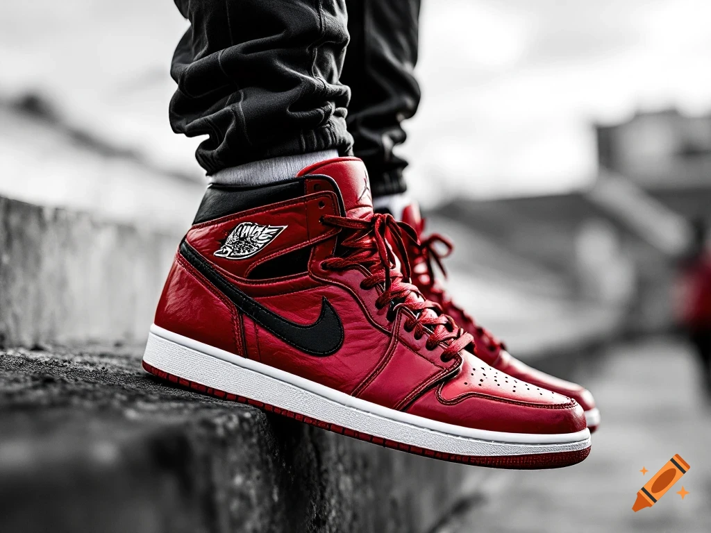 Close-up of red and black Air Jordan sneakers on a ledge.