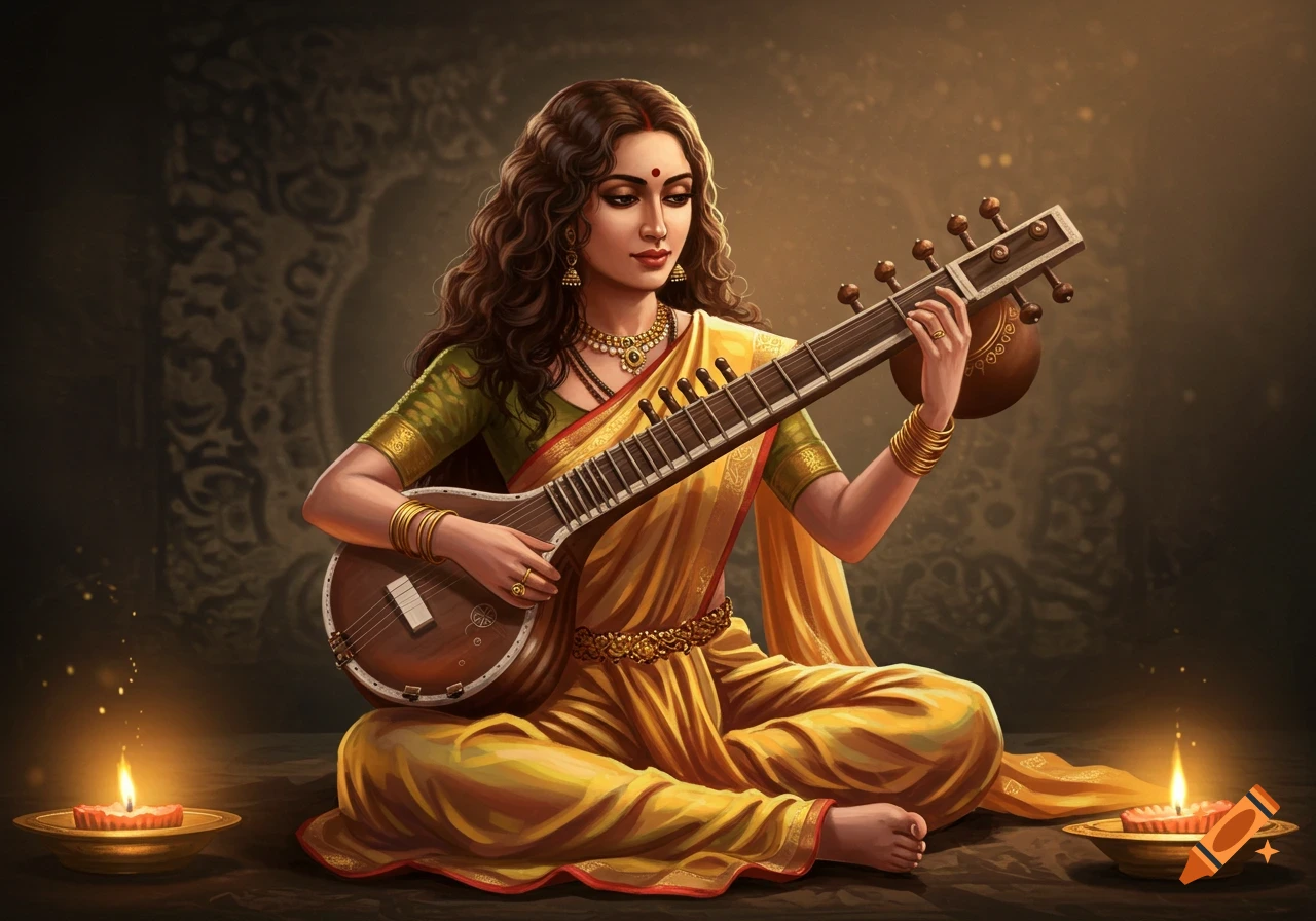 Woman in yellow saree playing a string instrument in a detailed art style.