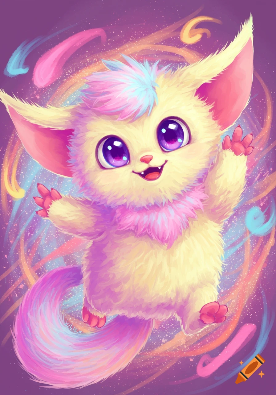 A cute, fluffy fantasy creature with big purple eyes and colorful fur, rendered in a bright, stylized digital art style.