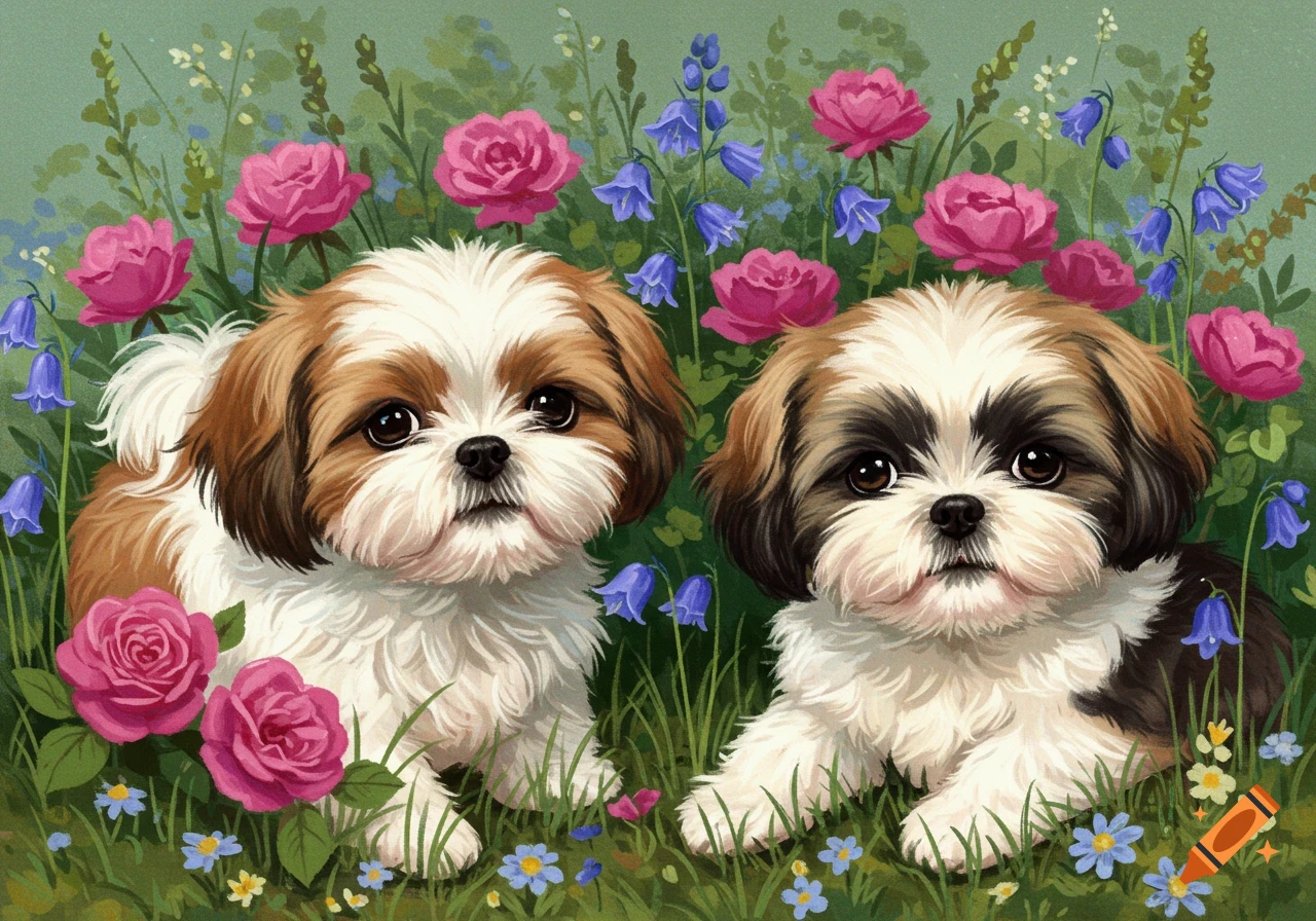 Two Shih Tzu puppies in a field of pink roses and blue flowers, illustration