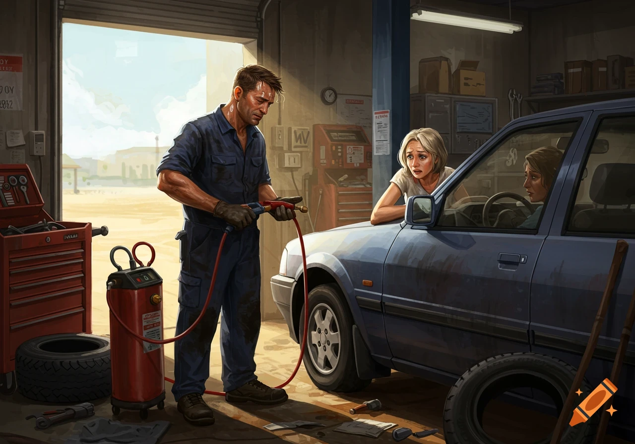 Mechanic works on a car in a hot garage with a worried customer looking on. Digital illustration.