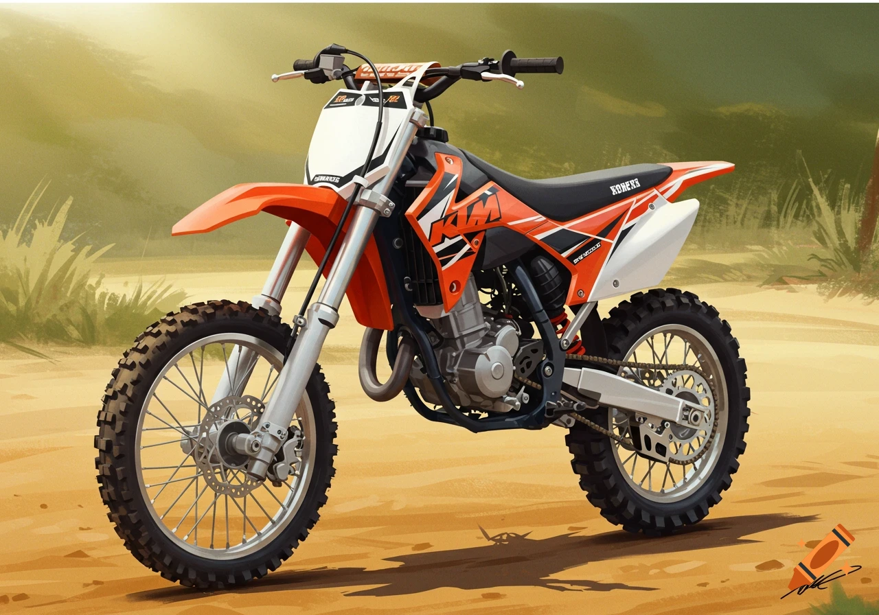 An orange and white dirt bike sits on a sandy track in a sunny, stylized landscape.
