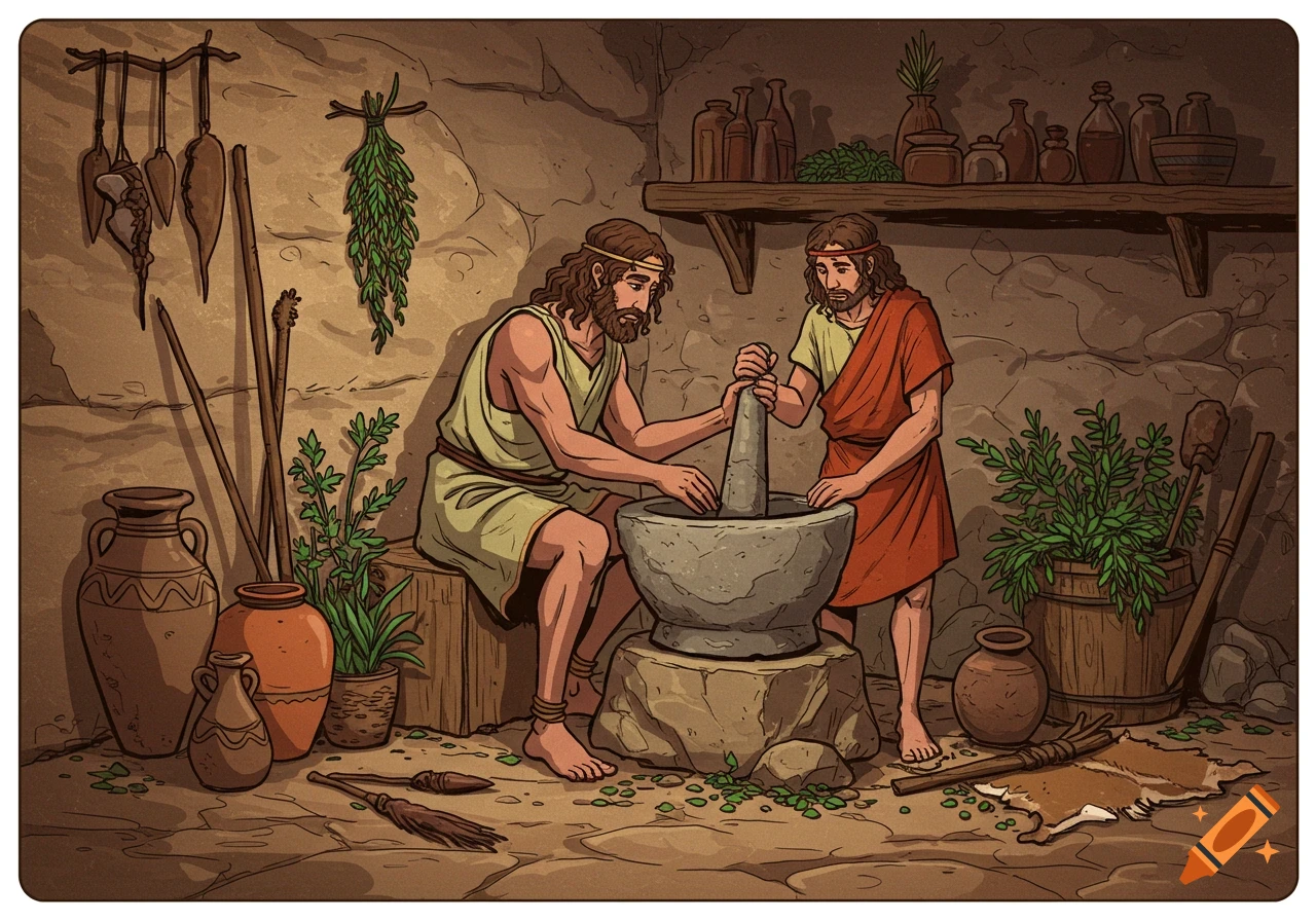Two men in ancient clothing mix herbs in a mortar in a rustic setting. Illustration style.