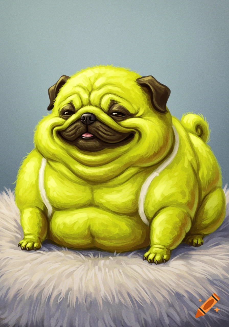 A cartoonish, bright yellow-green, extremely fat pug sits on a furry surface, rendered as a digital illustration.