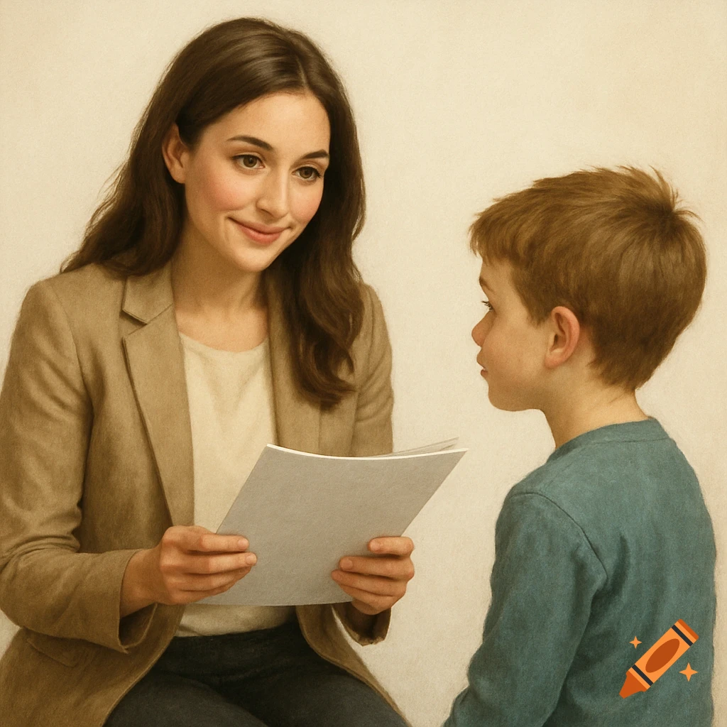 A woman holding papers talks to a young boy.