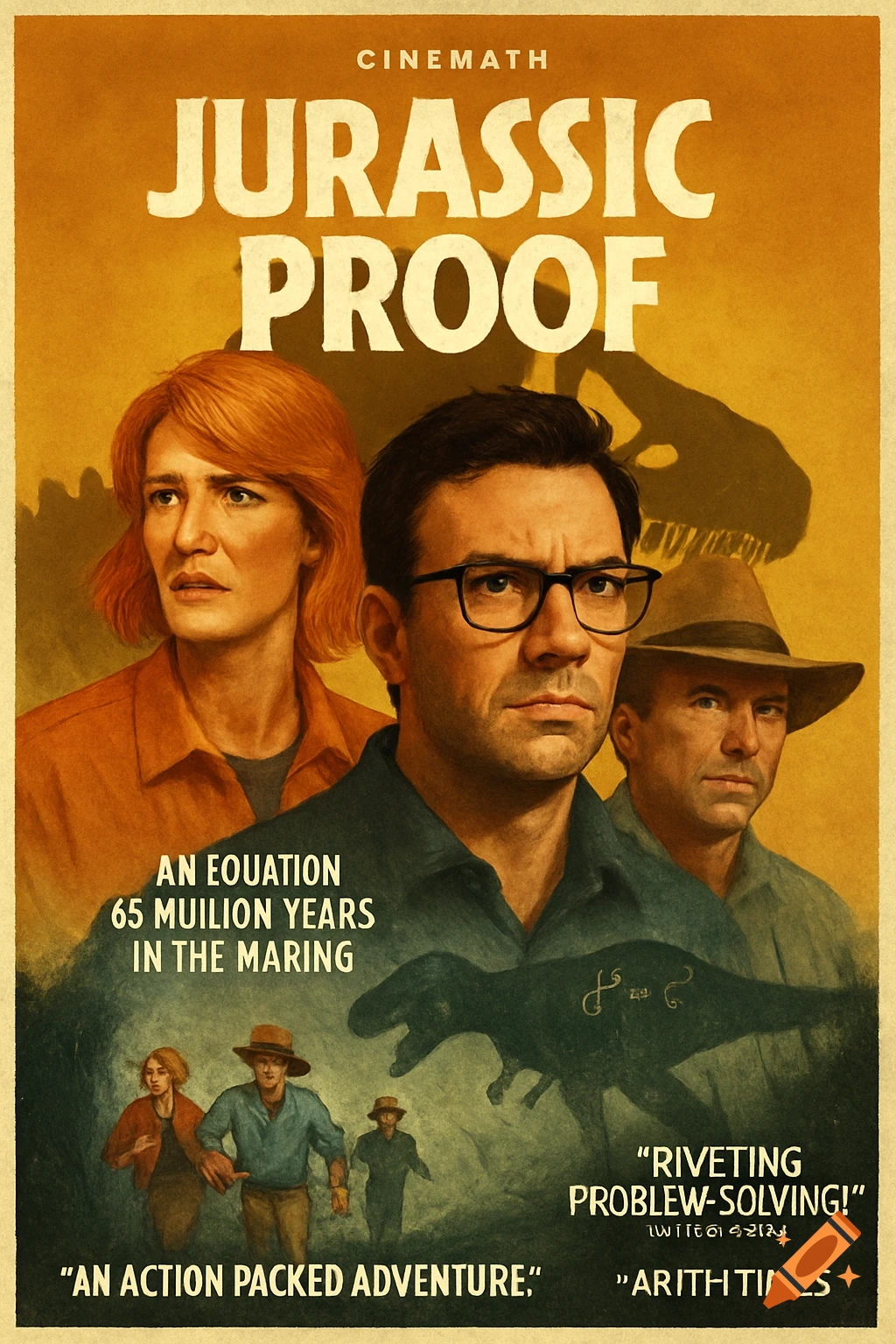 Vintage movie poster for 'Jurassic Proof' featuring character portraits, a dinosaur silhouette, and small figures running.