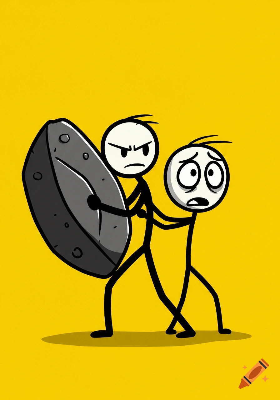 Two stick figures, one shielding a scared figure with a large rock on a yellow background.