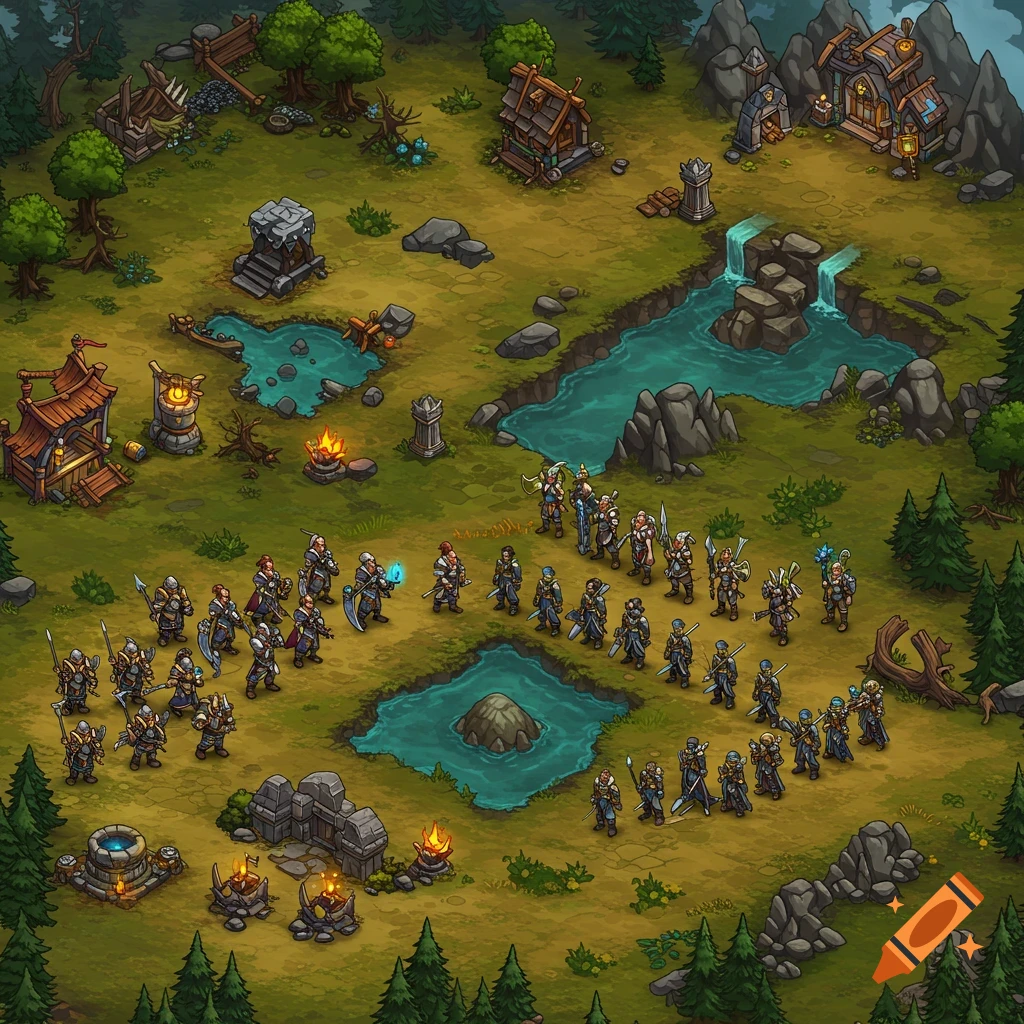Top-down fantasy landscape with buildings, rivers, and groups of warriors in a 2D art style.