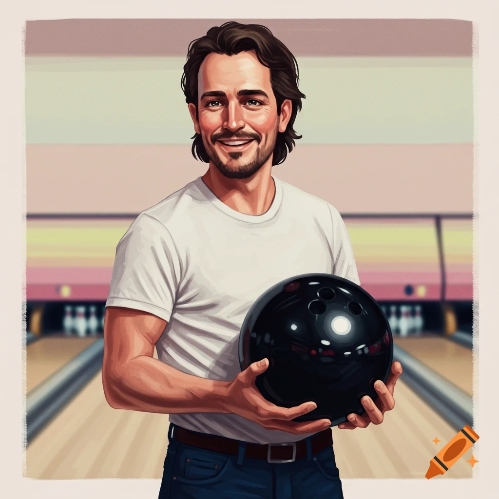 An illustrated man smiles while holding a bowling ball in a bowling alley.