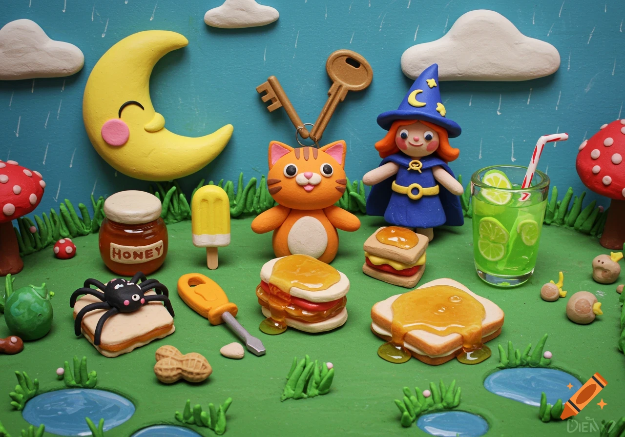 Clay model diorama with happy moon, cat, sorceress, honey, sandwiches, drinks, and various objects in a whimsical landscape.