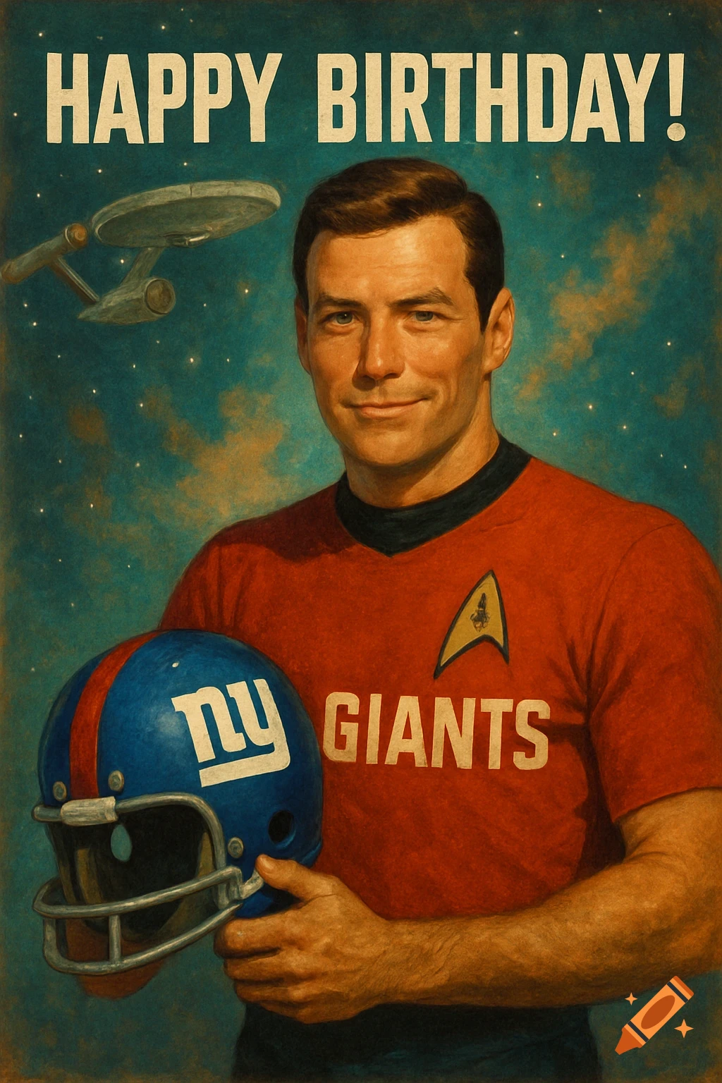Painting of a man in a red Star Trek shirt holding a NY Giants helmet, with Happy Birthday text and the Enterprise spaceship.