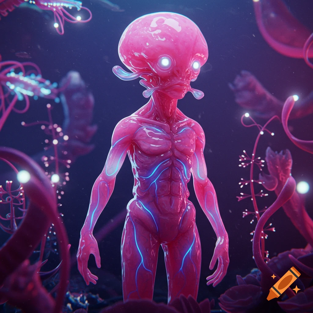 A pink, translucent alien creature with glowing blue veins stands among bioluminescent plants.