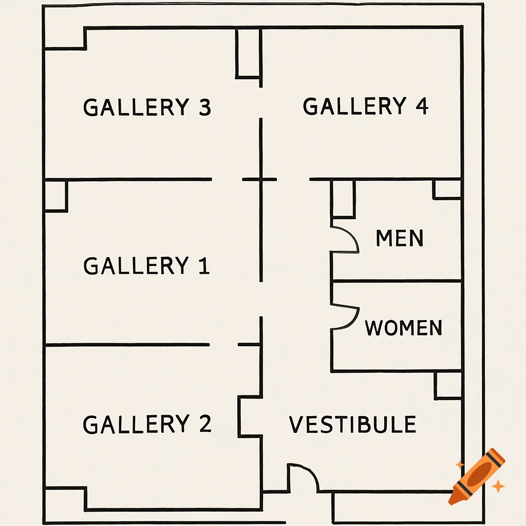 A line drawing of a museum floor plan showing galleries, vestibule, and restrooms.